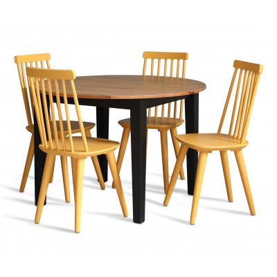 Dalsland spisegruppe: Rundt bord i Eg/Sort med 4 gule stokstole