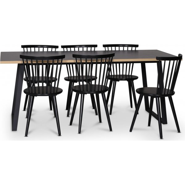 Edge 3.0 spisebordsst 190x90 cm inkl. 6 sorte pindestole Castor - Gr Hjtrykslaminat (HPL)