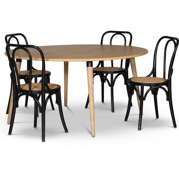 Omni spisegruppe, rundt spisebord 130 cm inkl. 4 Tony sorte bjet trstole - Whitewash
