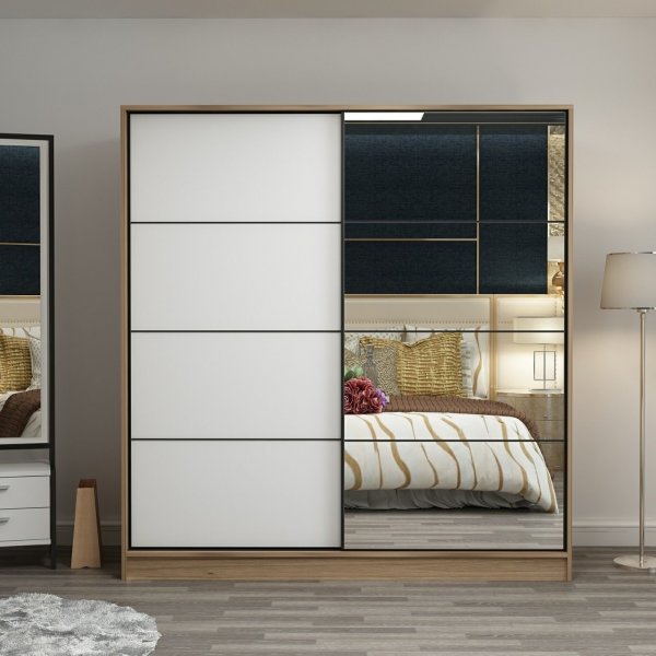 Garderobe med spejldr, 220x52x210 cm - Brun/hvid