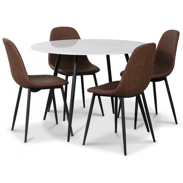 Atlantic spisegruppe, 110 cm rundt bord + 4 stk Atlantic Empire stole brun PU