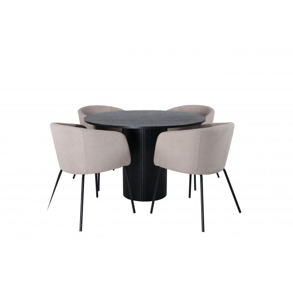 Bianca Spisebordsst rundt sort spisebord med 4 Berit beige stole