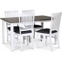 Skagen spisebordsst; klassisk spisebord 140x90 cm - Hvid/brunolieret eg med 4 Fr stole (Ribber i ryggen) med grt stofsde + 3.00 x Mbelfdder