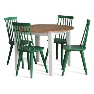 Dalsland spisegruppe: Rundt bord i Eg/Hvid med 4 grnne stokstole