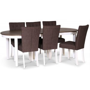 Skagen spisegruppe 160/210 x 90 cm inkl. 6 Crocket brune spisestuestole - Hvid / Brun olieret eg Skagen spisegruppe 160/210 x 90 cm inkl. 6 Crocket brune spisestuestole - Hvid / Brun olieret eg
