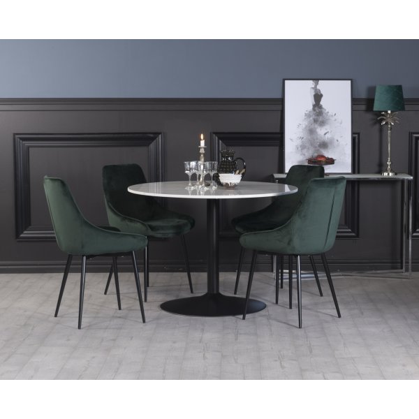 Plaza spisegruppe, marmorbord med 4 stk Theo fljlsstole - Grn/Hvid/Sort