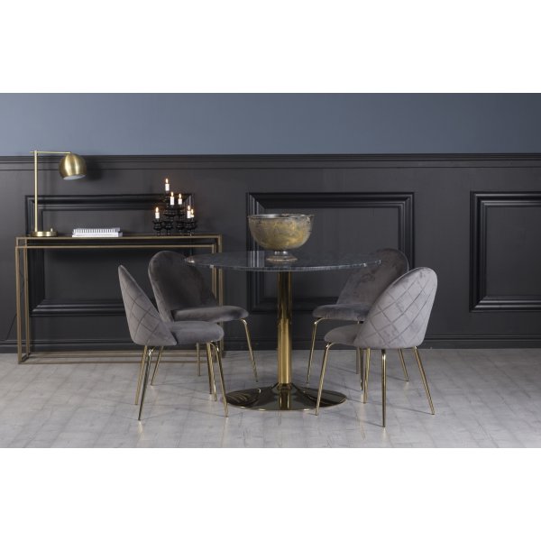 Plaza spisegruppe, marmorbord med 4 stk. Plaza fljlsstole - Gr/Messing