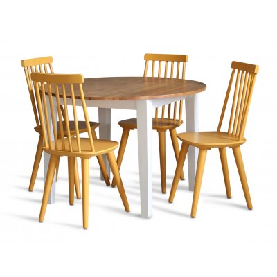 Dalsland spisegruppe: Rundt bord i Eg/Hvid med 4 gule stokstole