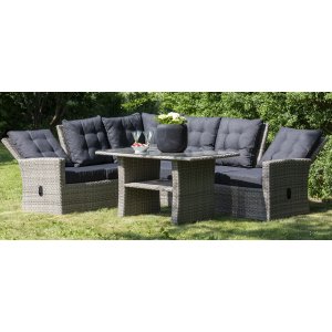 Orlando hjørnesofa med høj ryg (justerbar) inklusive spisebord - Grå polyrattan + Møbelplejesæt til tekstiler Orlando hjørnesofa med høj ryg (justerbar) inklusive spisebord - Grå polyrattan + Møbelplejesæt til tekstiler