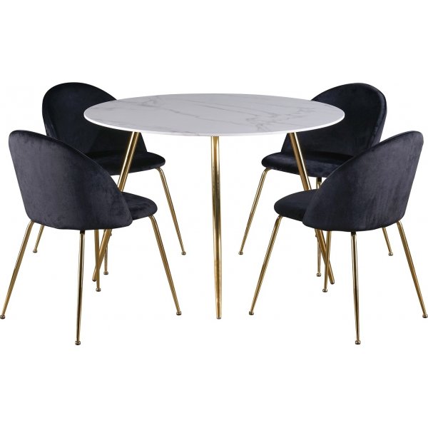 Deco spisegruppe 110 cm omkring bordet + 4 stk Art stole sort fljl / Messing