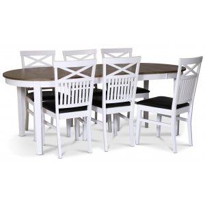 Skagen spisebordsst; spisebord 160/210x90 cm - Hvid / brunolieret eg med 6 stk. Fr stole med kryds i ryggen og sort PU-sde