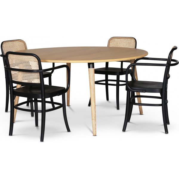 Omni spisegruppe, rundt spisebord 130 cm inkl. 4 Nemi sorte stel stole - Whitewash