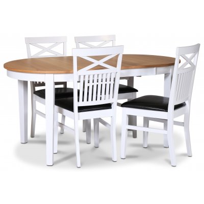 Fårö spisebordssæt; spisebord 160 / 210x90 cm - Hvid / olieret eg med 4 stk. Fårö stole med kryds i ryggen og sæde i sort PU