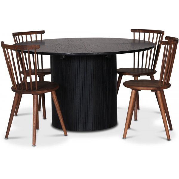 Nova spisebordsst, spisebord, der kan forlnges 130-170 cm inkl. 4 pindestole Castor - Sortbejdset eg