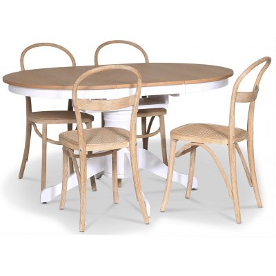 Fitchburg spisebordsst; Ovalt spisebord 106-141 cm - Hvid / Olieret Eg med 4 stk. Danderyd No.16 spisebordsstole Whitewash