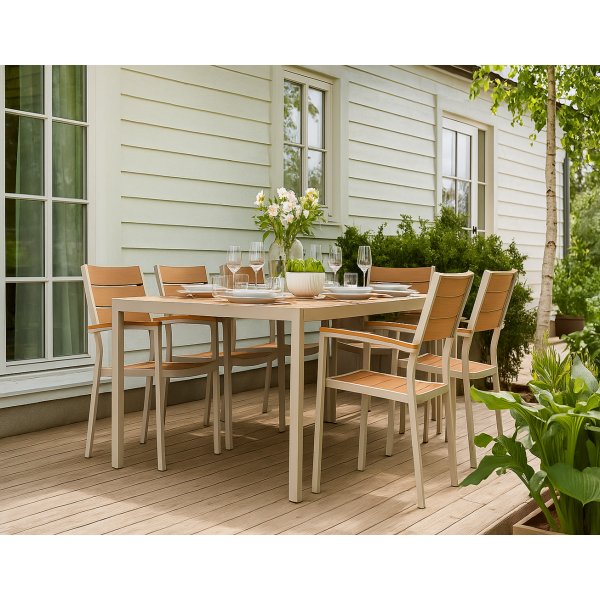 Udendrs spisest: 6 stole med bord 205 x 90 cm beige/eg - Las Vegas