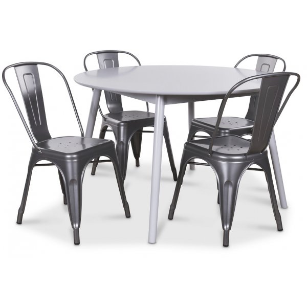 Gteborg spisegruppe grr rundt bord med 4 industristolstole - gr / metal