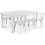 Mellby spisegruppe 180 cm bord med 6 hvide Fredrik Pinn stole med stel