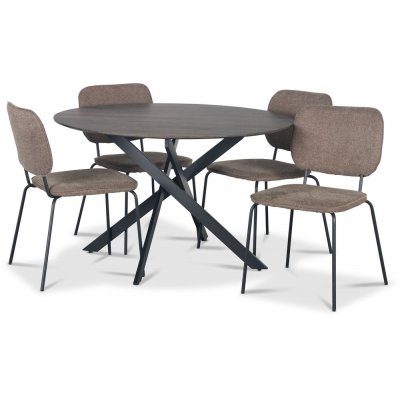 Hogrän spisebordssæt Ø120 cm bord i mørkt træ + 4 stk. Lokrume brune stole