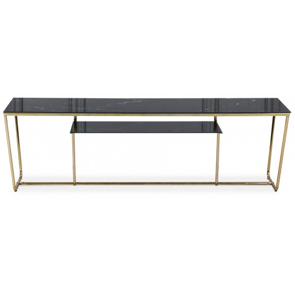Stella mediebnk - Sort marmoreret glas / Messingfarvet bund