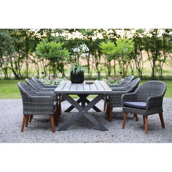 Oxford udendrs spisegruppe; grt bord 220 cm inkl. 6 Valetta lnestole gr syntetisk rattan