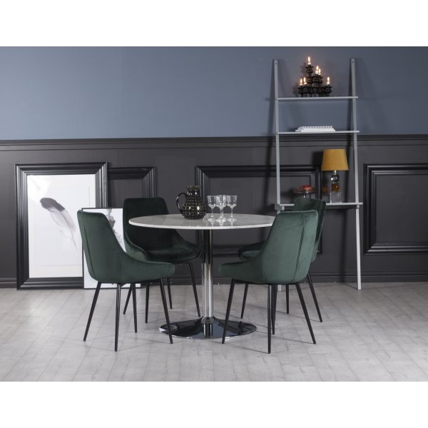 Plaza spisegruppe, marmorbord med 4 Theo fljlstole - grn / hvid / krom