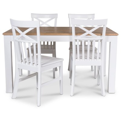 Dalarös spisegruppe 140 cm bord hvid / eg + 4 Mellby stole