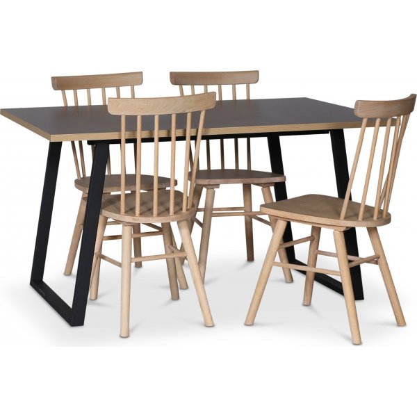 Edge 3.0 spisebordsst 140x90 cm inkl. 4 hvidolierede Orust pindestole - Gr Hjtrykslaminat (HPL)