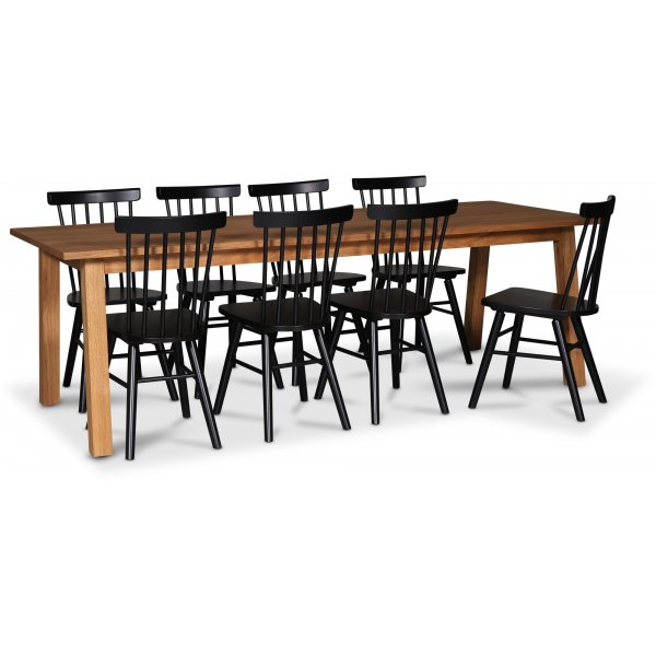 Saltsj spisebordsst 240 cm inkl. 8 sorte Orust pindestole - Olieret egetrsfinr
