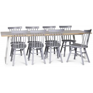 Edge spisegruppe; Spisebord i hvid HPL 240x90 cm med 8 gr Orust stokstole + Pletfjerner til mbler