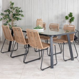 Paola udendrs spisegruppe med 6 Lindos stole - Beige/Sort/Natur