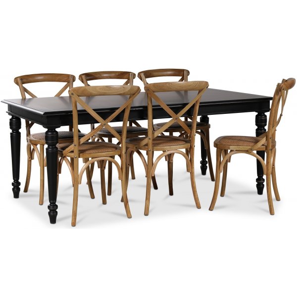 Paris spisegruppe 180 cm bord sort + 6 Gaston spisestole i naturen