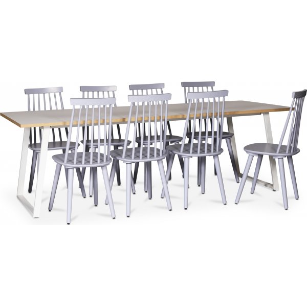 Edge spisestuest til 8 personer; Spisebord i hvid HPL 240x90 cm med 8 gr Dalsland kurvestole