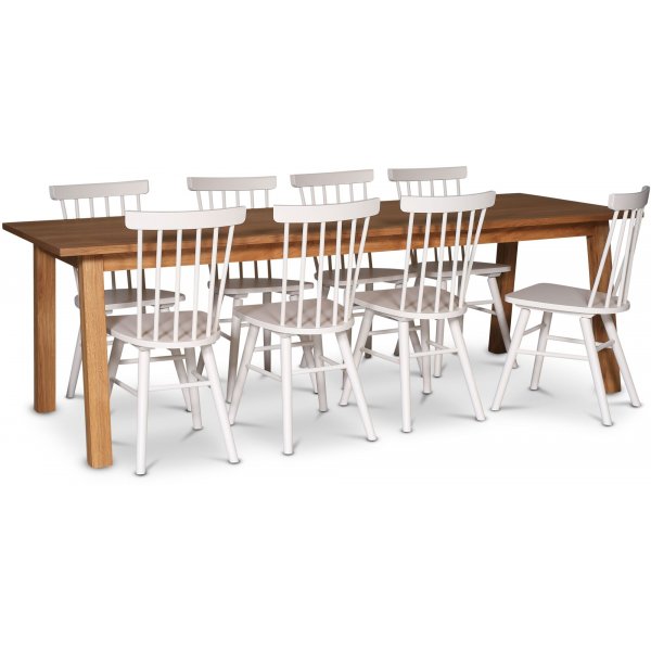 Saltsj spisebordsst 240 cm inkl. 8 hvide Orust pindestole - Olieret egetrsfiner
