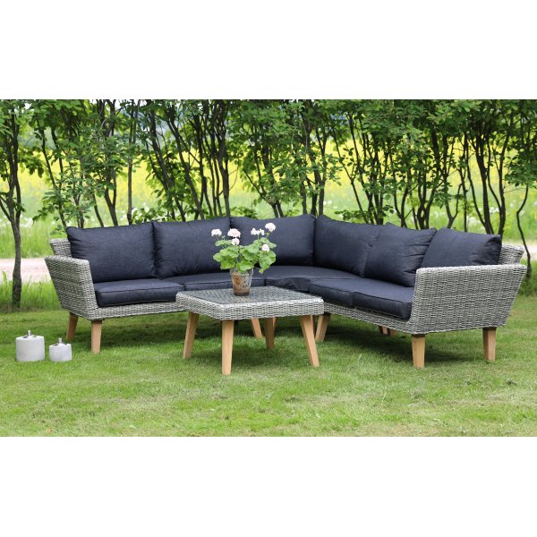 Almbro udendrs mbelgruppe hjrnesofa med bord - Lysegr kunst-rattan