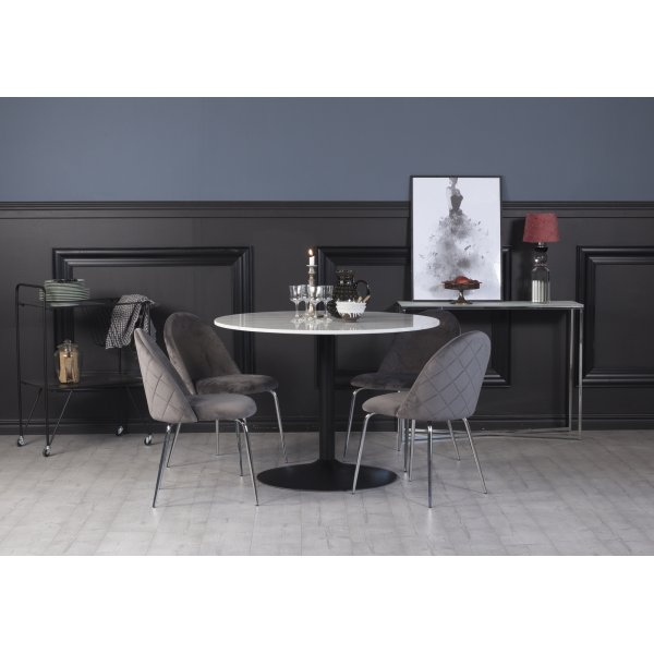 Plaza spisegruppe, marmorbord med 4 Plaza fljlstole - Gr / Krom / sort