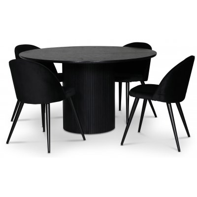 Nova spisebordsst; rundt spisebord 130 cm, sortbejdset eg + 4 Alice spisebordsstole, Sort fljl