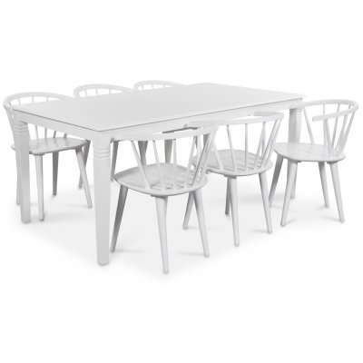 Mellby spisegruppe 180 cm bord med 6 hvide Fredrik Pinn stole med stel