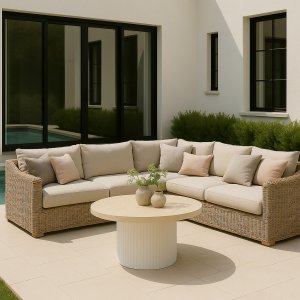 Merca rundt udendørs sofabord Ø80 cm - Fiberbeton / Travertinprint Merca rundt udendørs sofabord Ø80 cm - Fiberbeton / Travertinprint