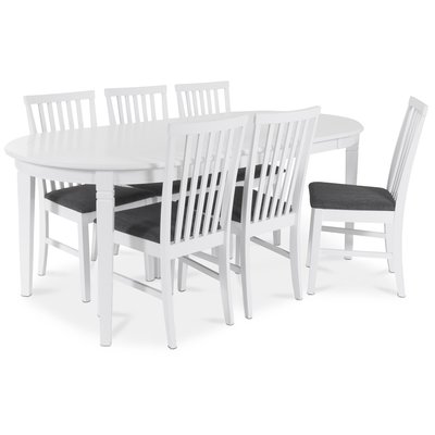 Sandhamn spisebordsst; ovalt bord med 6 stk. Sandhamn stole i grt stof