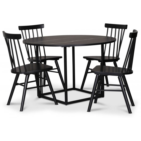 Sintorp spisebordsst, rundt spisebord 115 cm inkl 4 stk. Orust pindestole - Sort marmor (Laminat)