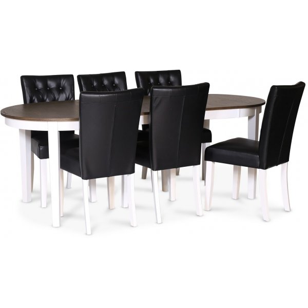 Skagen spisegruppe 160/210 x 90 cm inkl. 6 Crocket sorte spisestuestole - Hvid / Brun olieret eg + 4.00 x Mbelfdder
