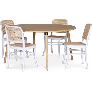 Omni spisegruppe, rundt spisebord 130 cm inkl. 4 Tyko hvide stole - Whitewash