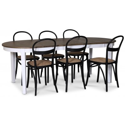 Skagen spisebordsst; spisebord 160/210x90 cm - Hvid / brunolieret eg med 6 stk. Danderyd No.16 stole Sort