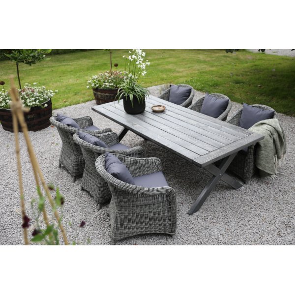Oxford udendrs spisegruppe; grt bord 220 cm inkl. 6 Mercury lnestole gr syntetisk rattan