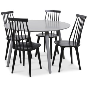 Rosvik spisegruppe grt rundt bordet med 4 sorte Dalsland Pinn stole - gr / sort + 3.00 x Mbelfdder