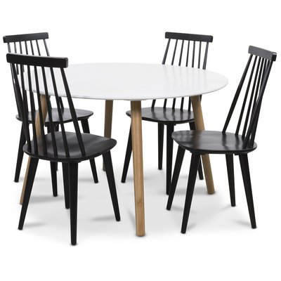 Rosvik spisegruppe Rundt bord hvid/eg med 4 sorte Dalsland stole