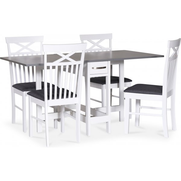 Fr spisebordsst; Fr klapbord Hvid/Gr med 4 stk. Sofiero spisebordsstole