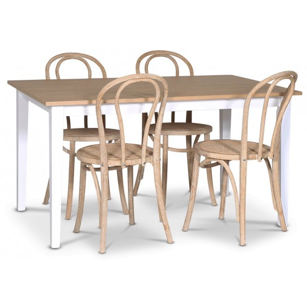 Fr spisebordsst; spisebord 140x90 cm - Hvid / olieret eg med 4 stk. Danderyd No.18 stole Whitewash