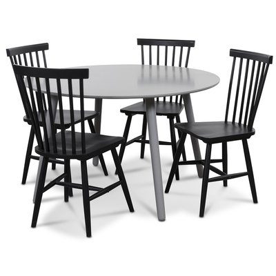 Rosvik spisegruppe grt rundt bordet med 4 sorte Karl Pinn stole - gr / sort